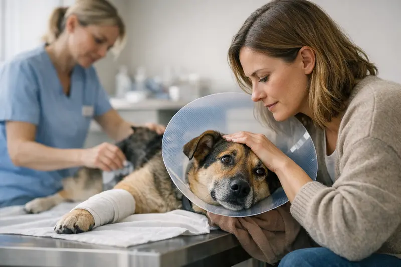 Tierarzt Nachbehandlung Bissverletzung Hund Tierarzt überprüft eine Bissverletzung bei einem Hund, um die Notwendigkeit von Nachbehandlungen zu beurteilen.
