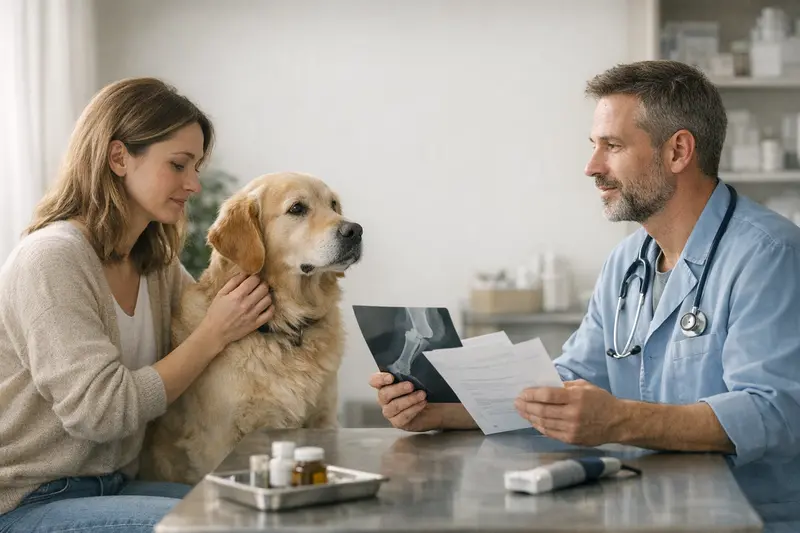 Hund und Tierarzt - Versicherungsberatung Ein Hundebesitzer bespricht mit einem Tierarzt die Vorzüge einer OP- und einer Krankenversicherung für seinen Hund.
