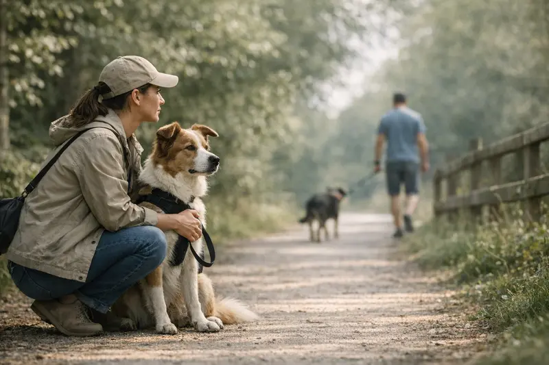 Ein Hundebesitzer hält seinen Hund an der Leine und schafft Distanz zu einem anderen Hund.