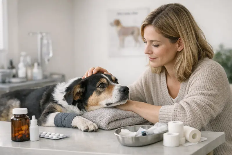 Hundeversicherung und Tierarztkosten Ein Hund mit einer Tierärztin bei der Behandlung, der Tarif deckt Medikamente ab.