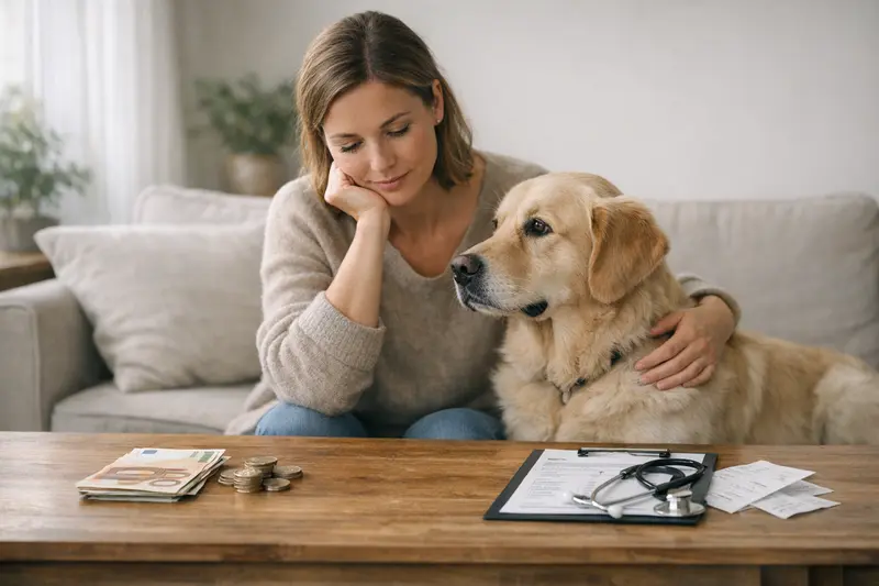 Absicherung für Hunde optimal wählen Besitzer denkt über die Absicherung seines Hundes nach, während er die Kosten für die Versicherung vergleicht.