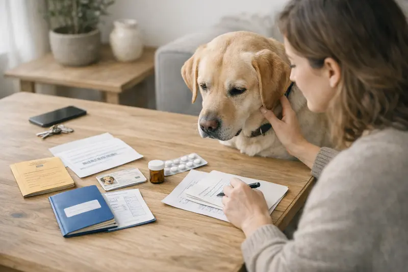 Eine Person hält die wichtigen Unterlagen für die Hundebetreuung im Notfall bereit.