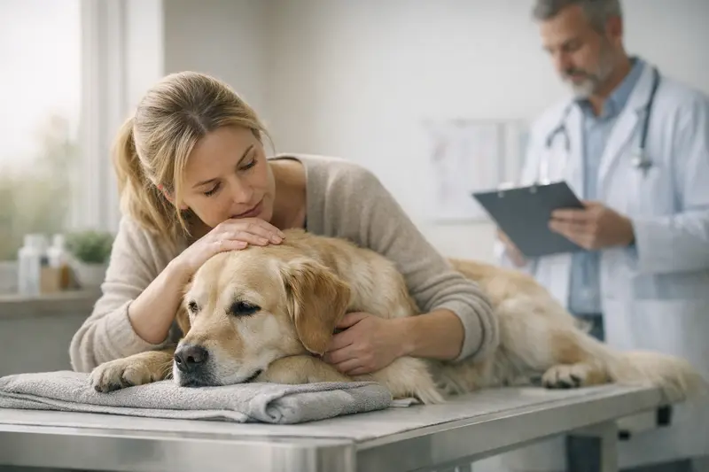 Tierarztbesuch für Hunde während der Betreuung Ein Hund wird in einer Tierarztpraxis während seiner Betreuung untersucht.