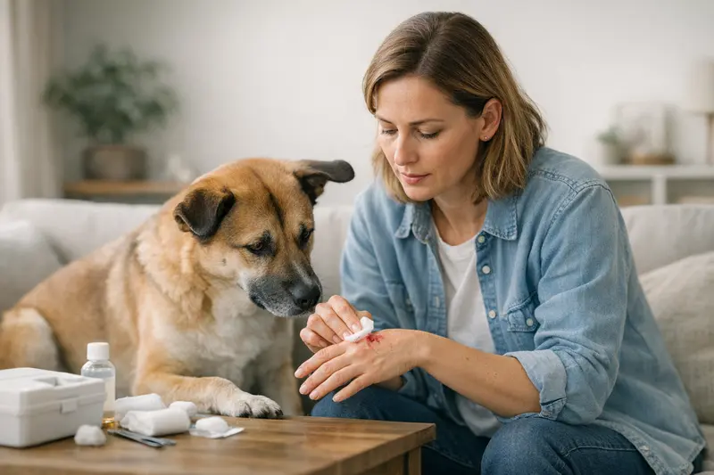 Tierarztbesuch nach Hundebiss Ein Hund beim Tierarzt für eine medizinische Untersuchung nach einem Bissvorfall.