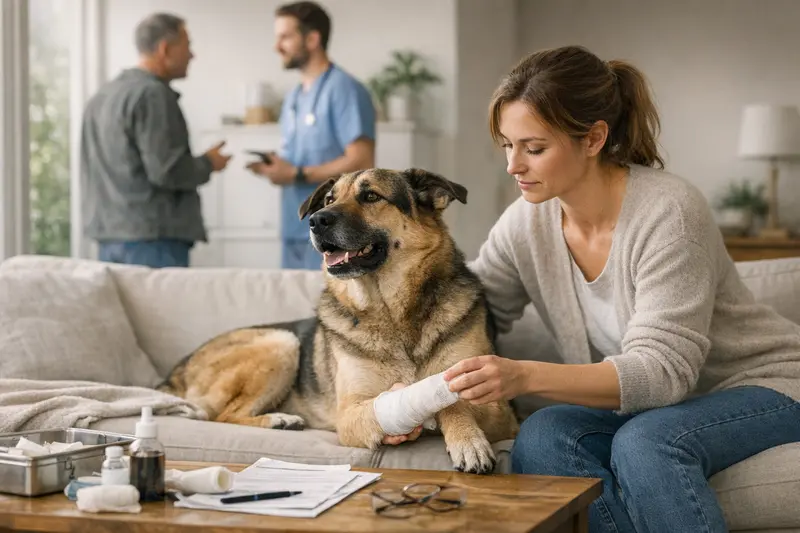 Hundehalterin bespricht mit Tierarzt wichtige Punkte zur Hundebiss-Versicherung.
