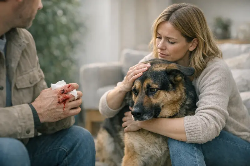 Haftpflichtversicherung für Hundebisse Ein Hundebesitzer spricht mit einem Tierarzt über die Haftpflichtversicherung bei Hundebissen.
