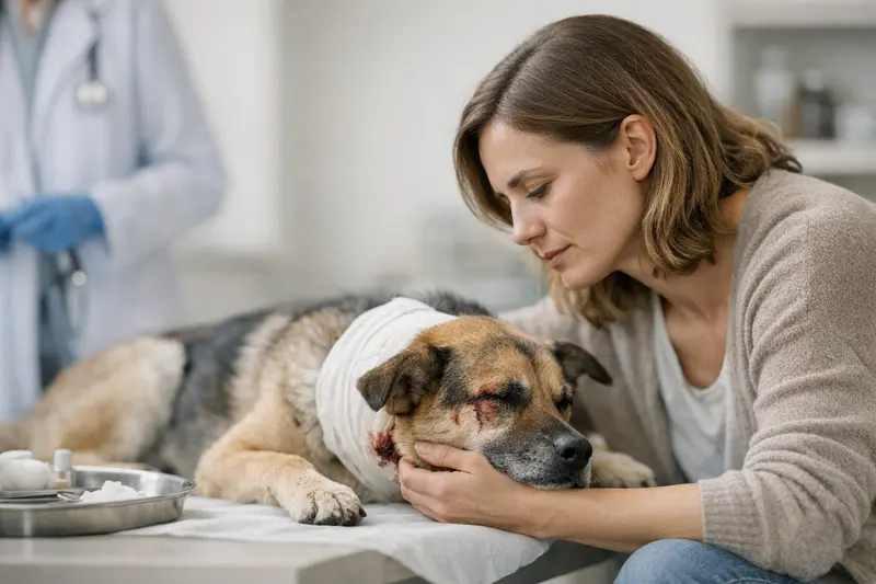 Tierarztkosten nach Hundebiss Ein Hund, der nach einer Beißerei tierärztlich behandelt wird.