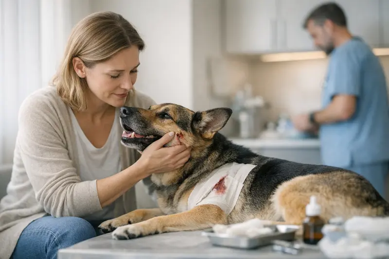 Hund nach Beißerei beim Tierarzt Ein Hund mit Verband nach einer Beißerei beim Tierarzt.