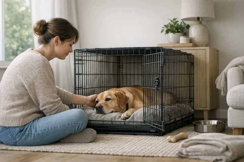 Hundebox als sicherer Rückzugsort Eine freundliche Hundebox, die als Rückzugsort für einen Hund dient.