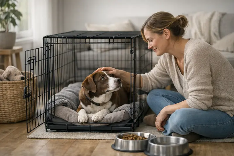 Hund in entspannter Box Ein Hund entspannt in einer offenen Hundebox, die als sicherer Rückzugsort dient.