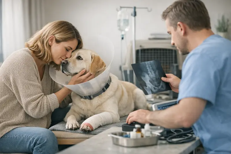 Hundebox und Tierarztkosten Ein Hund untersucht seine Hundebox, während sein Besitzer besorgt schaut.
