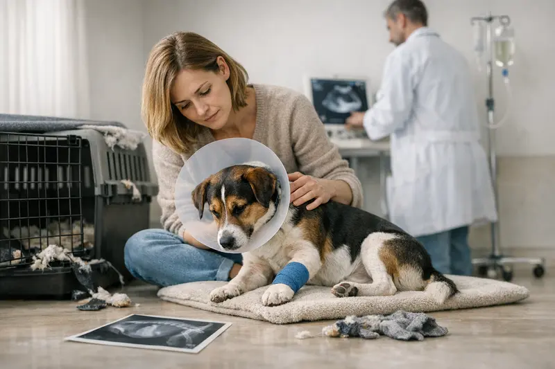 Tierarztkosten bei Hundebox-Problemen Hund mit Verletzung an der Pfote in einer Tierarztpraxis.