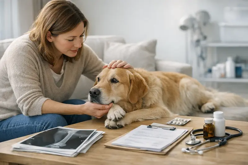 Hund und Tierarzt - Beratung zur Versicherung Darstellung einer Hundehaltungssituation mit einem Tierarzt, der den Hund untersucht und den Halter berät.