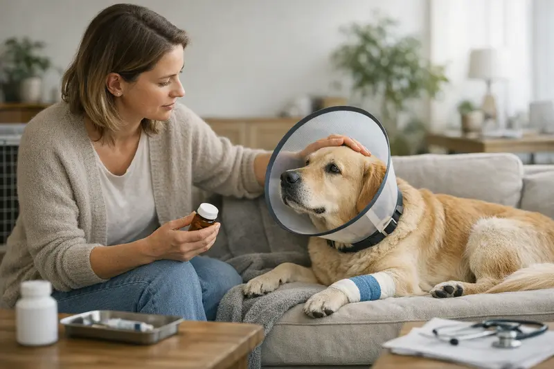 Hund in der Tierarztpraxis Ein fröhlicher Hund liegt auf einer Decke in der Tierarztpraxis, während sein Besitzer Informationen über Versicherungsoptionen prüft.
