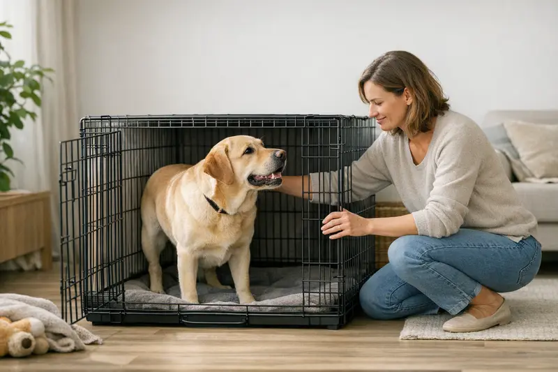 Ein Hund steht bequem in einer passenden Hundebox und zeigt, wie wichtig der richtige Platz für sein Wohlbefinden ist.