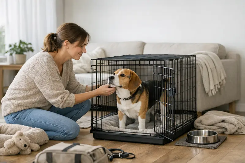 Ein Hund steht in einer Box, die ausreichend Platz für Bewegung bietet.