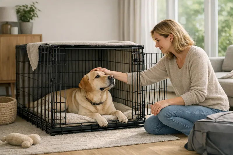 Ein Hund steht entspannt in seiner Hundebox und zeigt, wie wichtig die richtige Größe für den Komfort ist.