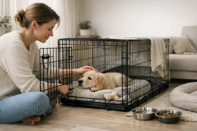 Ein spielender Welpe in einer Hundebox, die als sicherer Rückzugsort dient.
