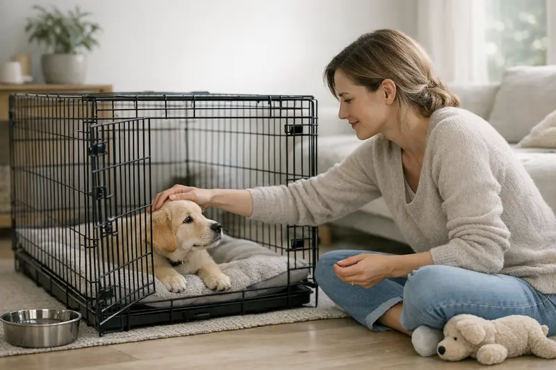 Ein kleiner Welpe sitzt entspannt in einer Hundebox und genießt seinen Rückzugsort.
