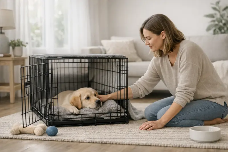 Ein Welpe kuschelt sich in einer Hundebox und fühlt sich sicher.