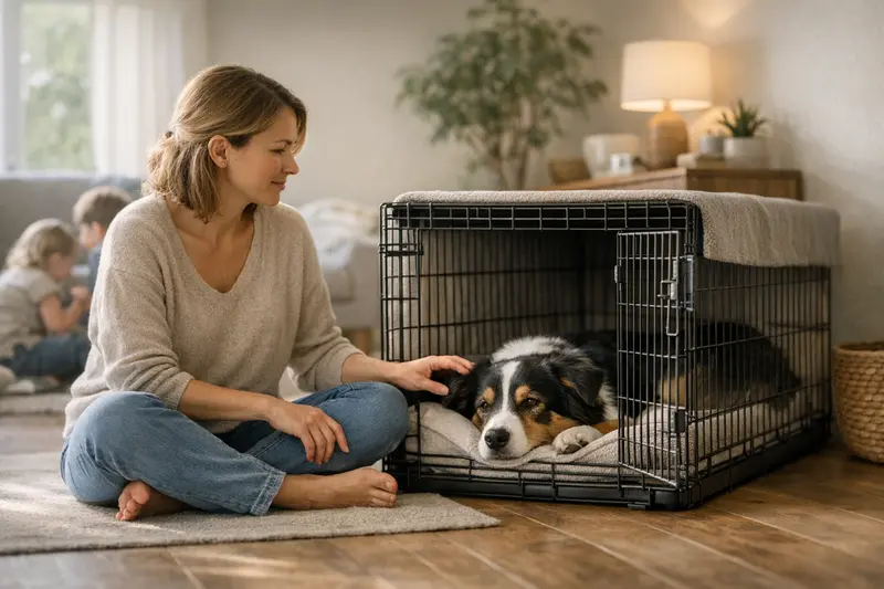 Ein Hund sitzt entspannt in seiner Hundebox zuhause und genießt den Rückzugsort.