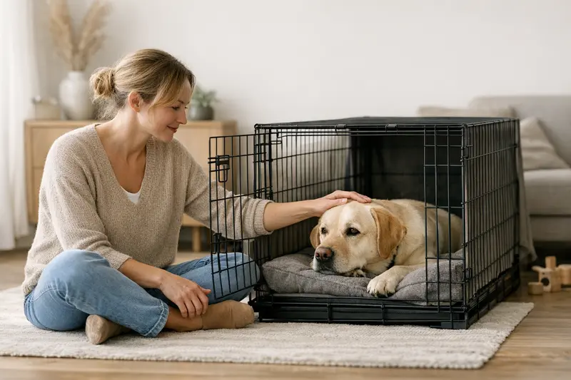 Ein Hund sitzt entspannt in seiner Box zu Hause und genießt einen ruhigen Moment.