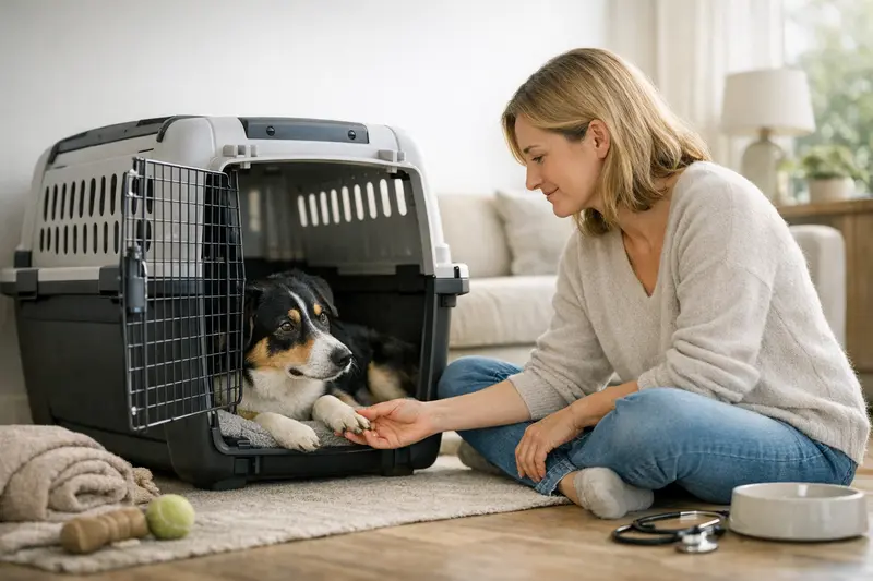 Hundebox zur Sicherheit im Haushalt Eine Hundebox im Wohnzimmer bietet einen sicheren Rückzugsort für den Hund und minimiert Risiken im Haushalt.