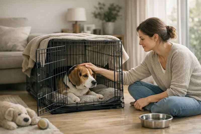 Hundebox zur Unfallvermeidung Eine sichere Hundebox auf einem Transportplatz, die zur Unfallvermeidung beiträgt.