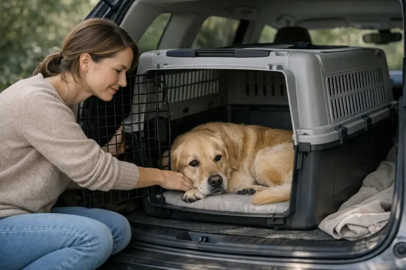 Ein Hund liegt entspannt in einer passenden Transportbox und zeigt, wie wichtig der richtige Platz für das Tier ist.