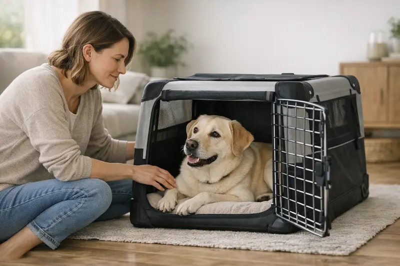 Ein Hund liegt entspannt in einer richtig dimensionierten Transportbox.