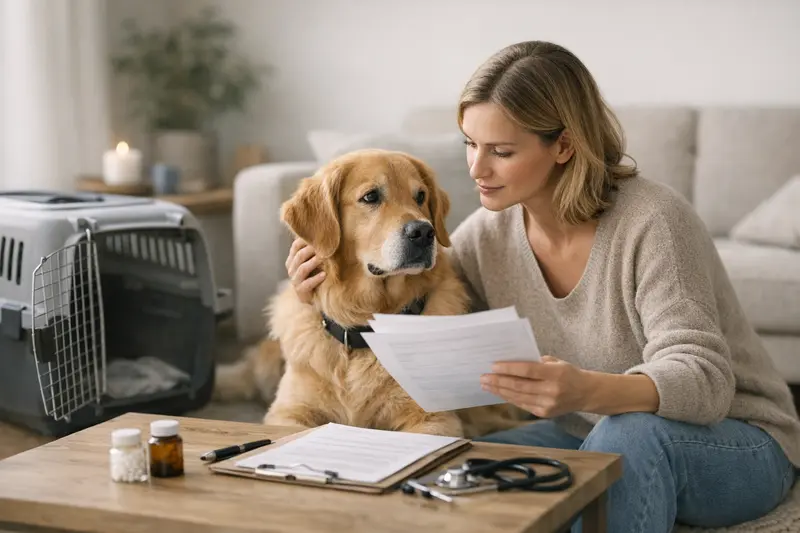 Tarifvergleich Hundevericherung Eine Hundebesitzerin vergleicht verschiedene Versicherungen für ihren Hund und achtet auf wichtige Tarifdetails.