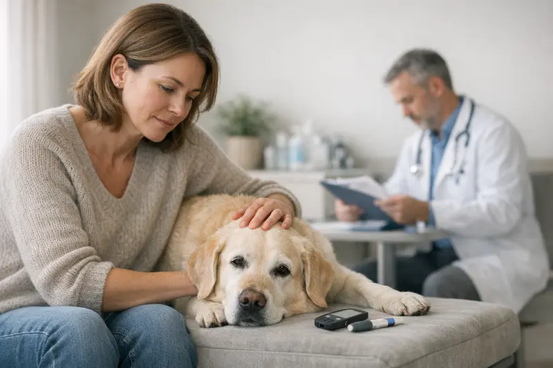Tierarztberatung zu chronischen Erkrankungen bei Hunden Ein Hundebesitzer spricht mit einem Tierarzt über die Behandlungskosten bei chronischen Erkrankungen.