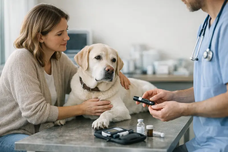 Ein Hund erhält eine tierärztliche Untersuchung zur Diabetesdiagnose.