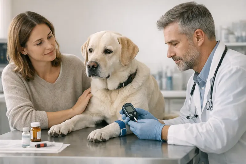 Ein Hund wird während einer Kontrolluntersuchung beim Tierarzt überprüft.