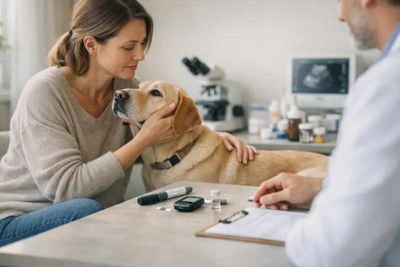 Ein Hundebesitzer vergleicht Versicherungspläne für einen diabeteskranken Hund.