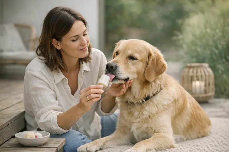 Ein Hund genießt eine kalte Erfrischung in Form von wohltuendem Eis.