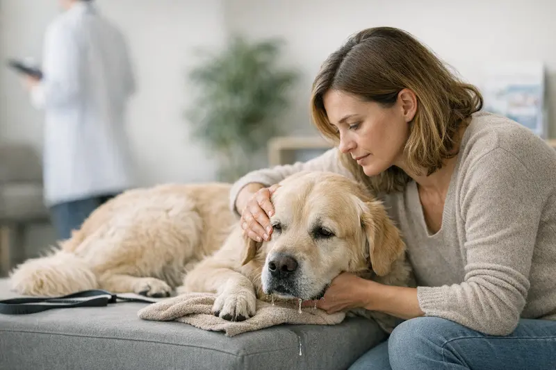 Hund und Tierarztkontakt nach Hundeeis Ein Hund sitzt auf dem Boden, während sein Besitzer besorgt den Tierarzt kontaktiert, um die Gesundheit des Tieres nach dem Verzehr von Hundeeis zu klären.