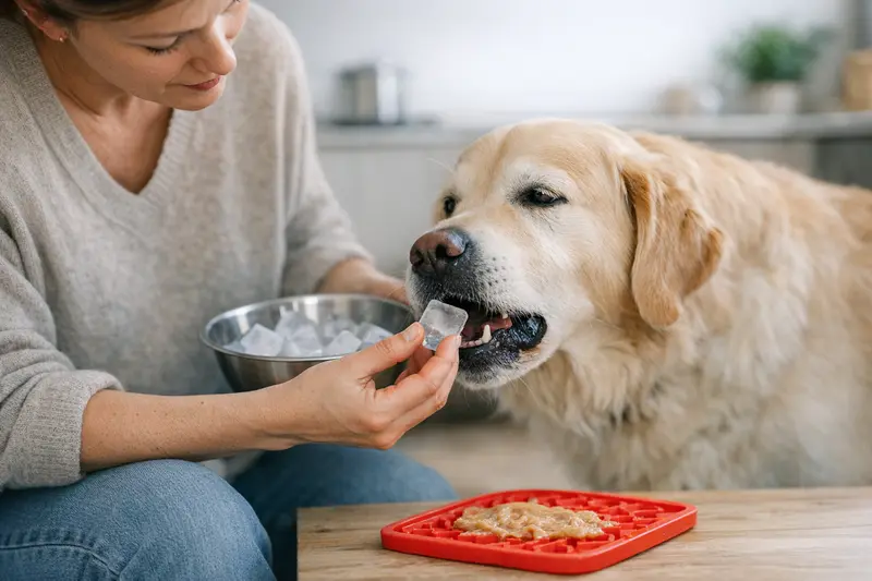 Hunde und Eiswürfel: Risiken verstehen Hunde beim Spielen mit Eiswürfeln im Garten, wobei einige Stücke gezeigt werden, die potentiell problematisch für die Tiere sein können.
