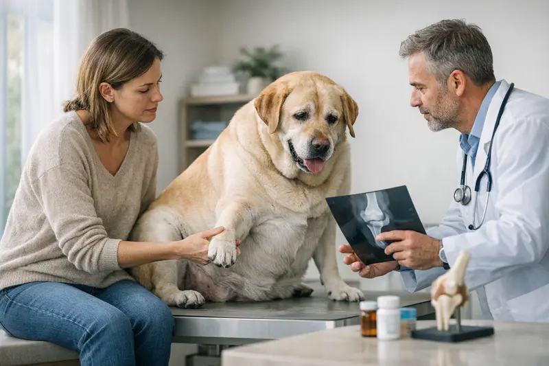 Ein übergewichtiger Hund wird vom Tierarzt untersucht und erhält wertvolle Ratschläge zur Gewichtsreduktion.
