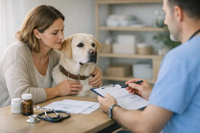 Tarifvergleich Hundekrankenversicherung Hund mit Tierarzt bei der Untersuchung zur Erstattungshöhe und Selbstbeteiligung in der Krankenversicherung für Tiere.