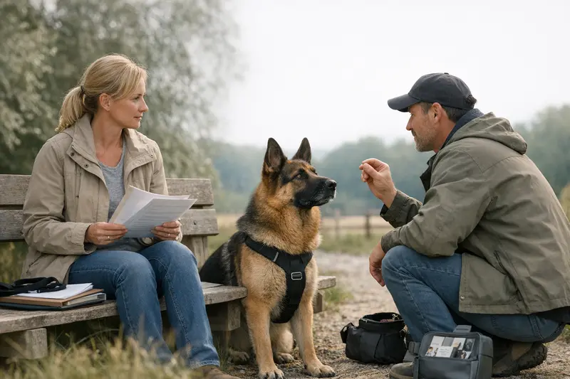 Hundeführerschein und Sachkundenachweis Ein Hund mit seinem Halter, der die Theorie des Hundeführerscheins lernt.