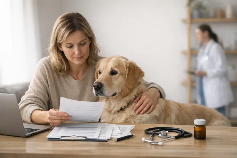 Tierarztkosten-Tarife für Hunde vergleichen Eine Person vergleicht Tierarztkosten-Tarife für Hunde auf einem Laptop.