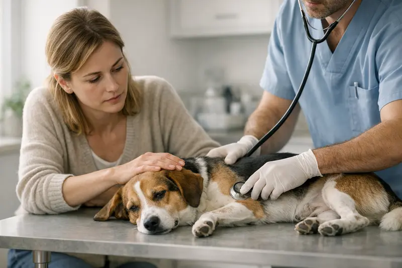 Hund mit Erbrechen beim Tierarzt Ein Hund liegt unruhig auf einem Tierarztbesuchstisch mit Anzeichen von Durchfall und Erbrechen.