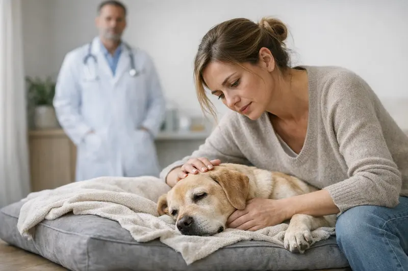 Hunde Durchfall Erbrechen Notfall Hundehalter mit besorgtem Blick auf seinen Hund, der Symptome von Durchfall oder Erbrechen zeigt.