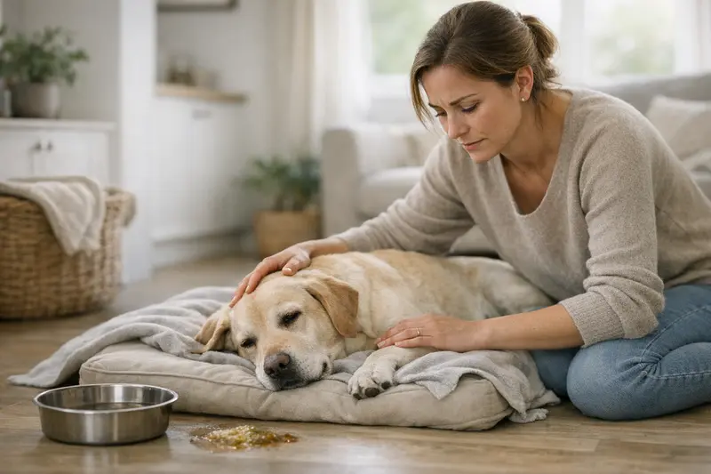 Notfall beim Hund: Durchfall oder Erbrechen erkennen Hundehalter prüft Gesundheit seines Hundes bei Durchfall oder Erbrechen