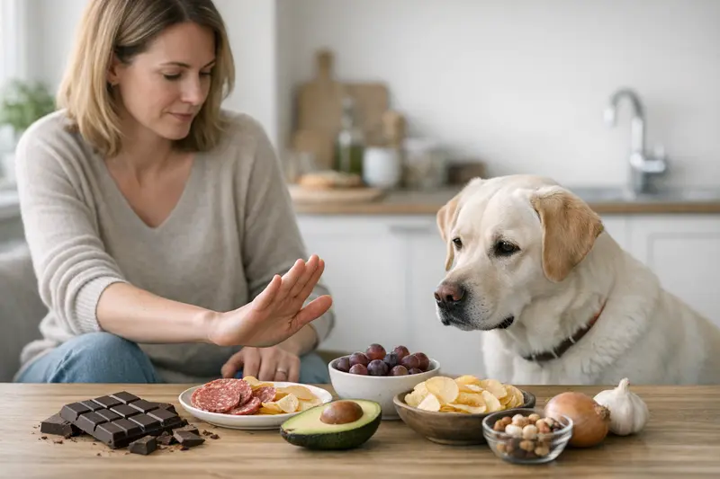 Gefährliche Lebensmittel für Hunde Hunde stehen um einen Tisch, auf dem gefährliche Lebensmittel für Hunde liegen.