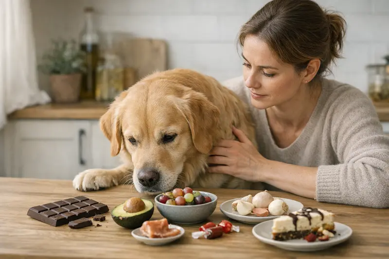 Gefährliche Lebensmittel für Hunde Ein Hund sitzt vor einem Tisch mit giftigen Lebensmitteln, die für ihn gefährlich sind.