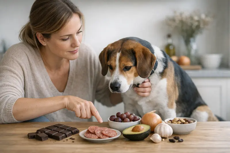 Gefährliche Lebensmittel für Hunde Ein Hund sitzt aufmerksam vor einer Schüssel mit ungesunden Lebensmitteln, die für ihn gefährlich sein können.