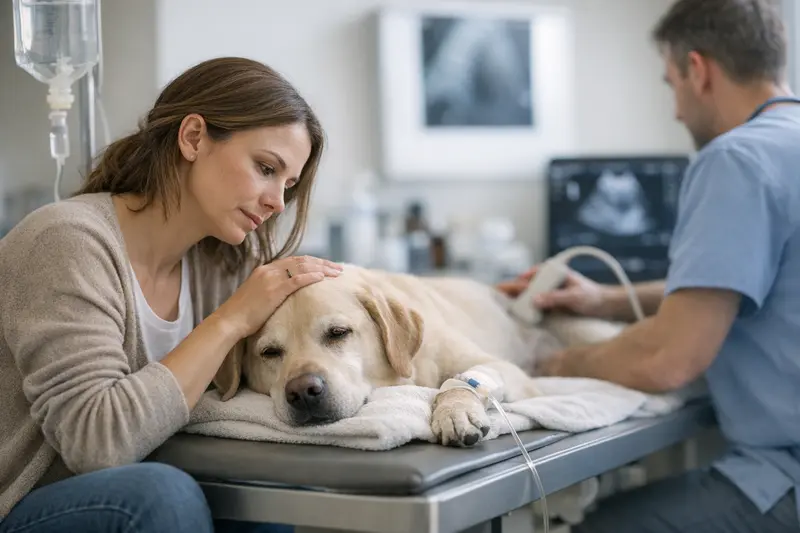 Tierarztuntersuchung bei verdächtigen Symptomen Ein Hund wird von einem Tierarzt untersucht, um Vergiftung oder Fremdkörper zu diagnostizieren.