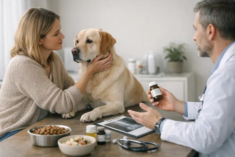 Hundehalterin beim Tierarzt, die Informationen zu Versicherungsleistungen bei ernährungsbedingten Problemen einholt